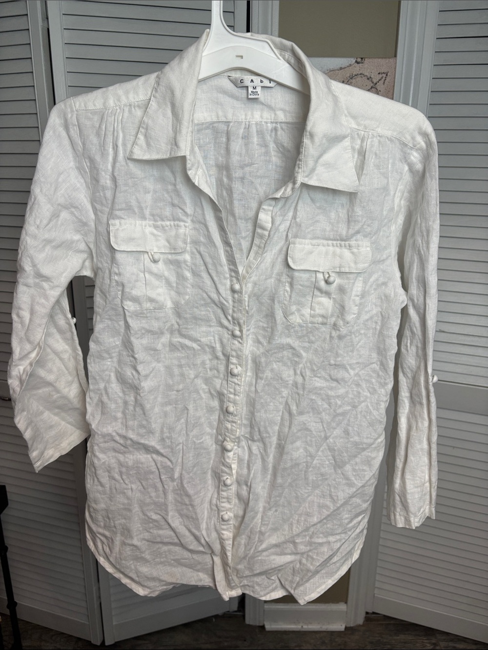 CAbi White Linen Button-Down Shirt with Chest Pockets